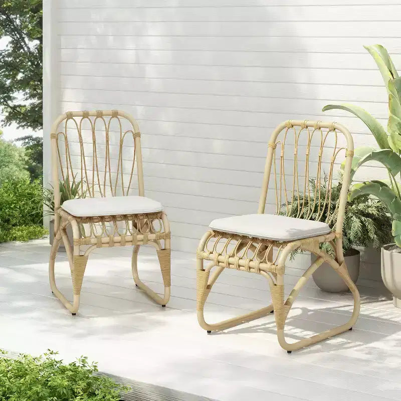 Set of 2 Outdoor PE Wicker Dining Chairs with Washable Cushion, Natural Rattan for Patio, Garden