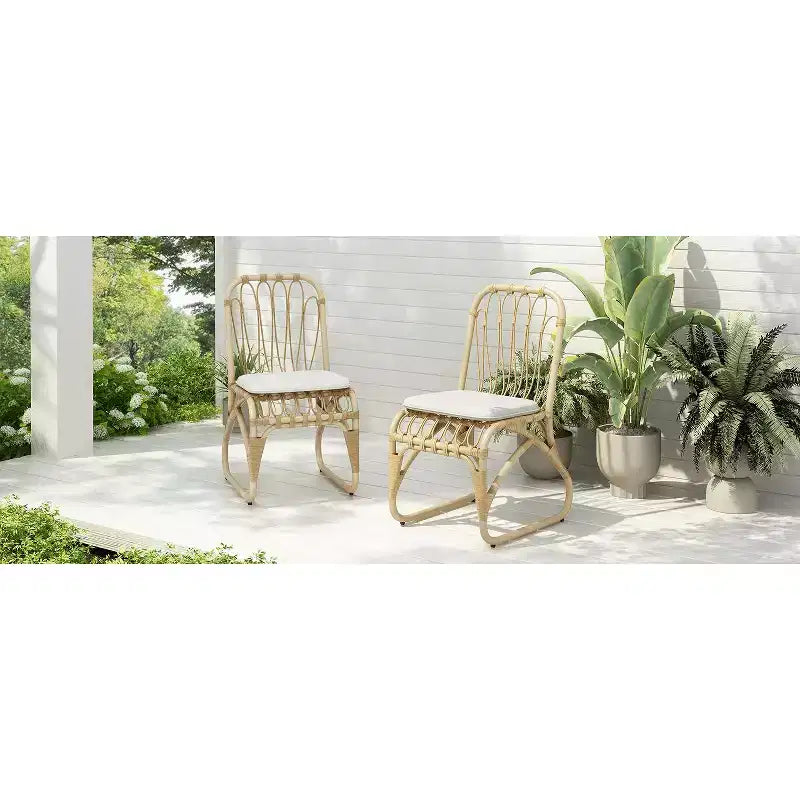 Set of 2 Outdoor PE Wicker Dining Chairs with Washable Cushion, Natural Rattan for Patio, Garden
