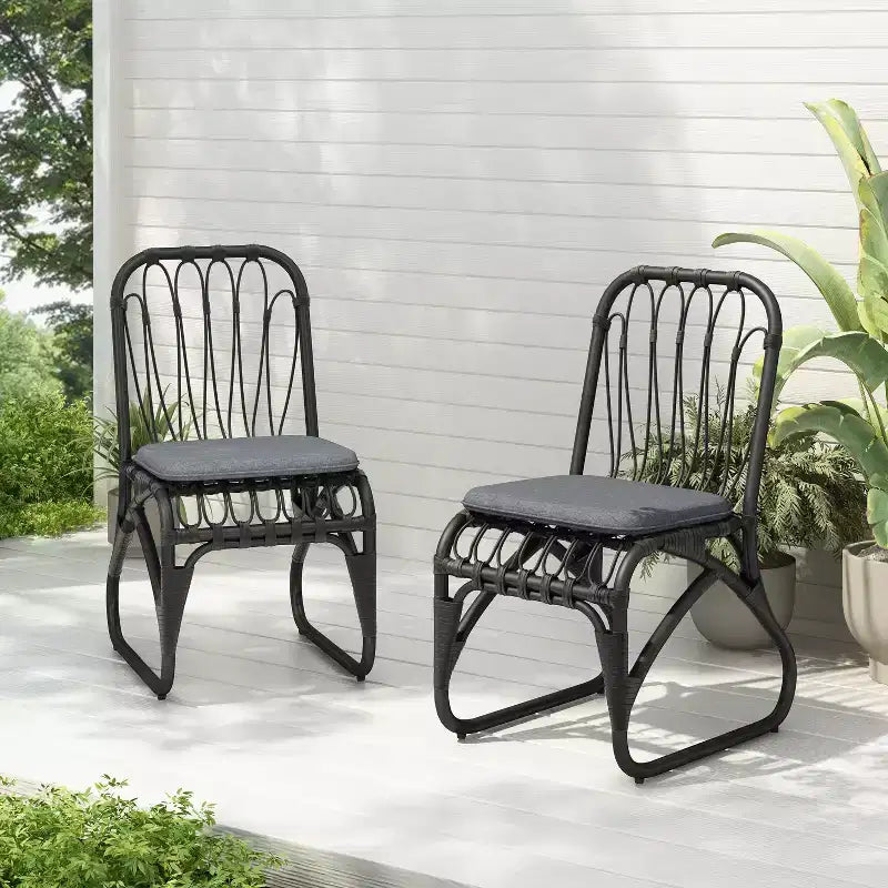 Set of 2 Outdoor PE Wicker Dining Chairs with Washable Cushion, Gray Rattan for Patio, Garden