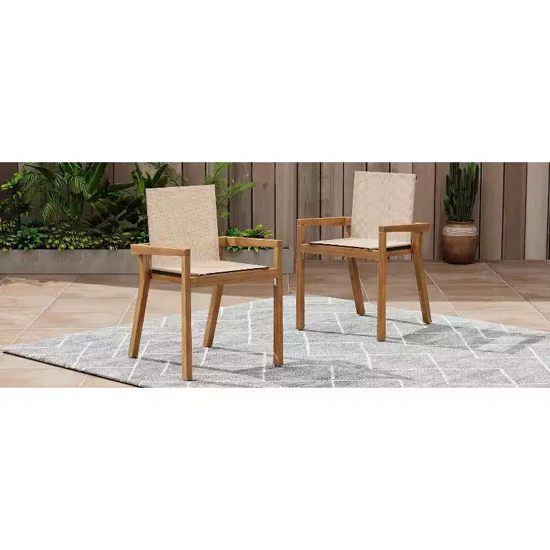 Set of 2 Dining Chairs, Teak Frame & Beige Textile Cushions for Dining Room, Patio