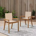 Set of 2 Dining Chairs, Teak Frame & Beige Textile Cushions for Dining Room, Patio
