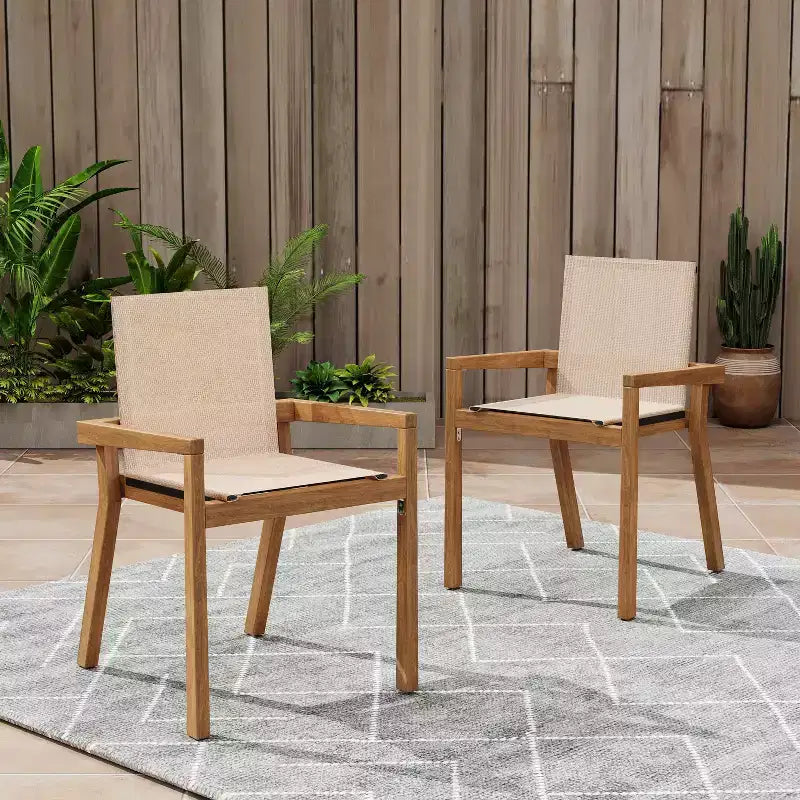 Set of 2 Dining Chairs, Teak Frame & Beige Textile Cushions for Dining Room, Patio