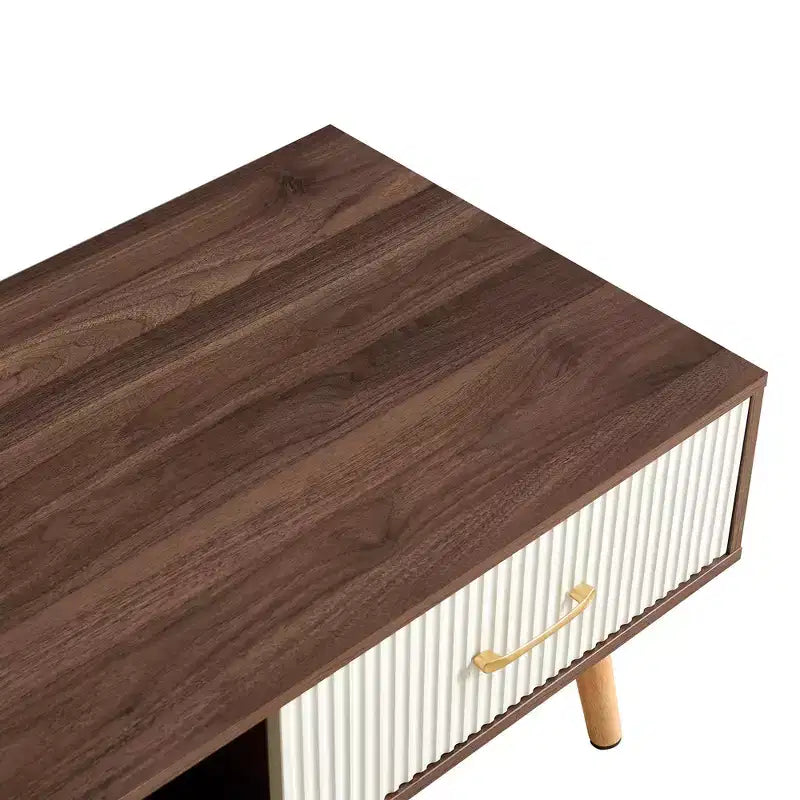 Rectangle Coffee Table with Solid Wood Legs & Sliding Drawer for Living Room