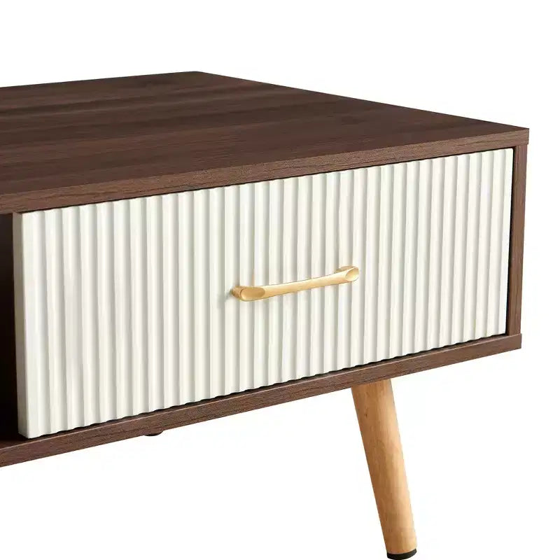 Rectangle Coffee Table with Solid Wood Legs & Sliding Drawer for Living Room