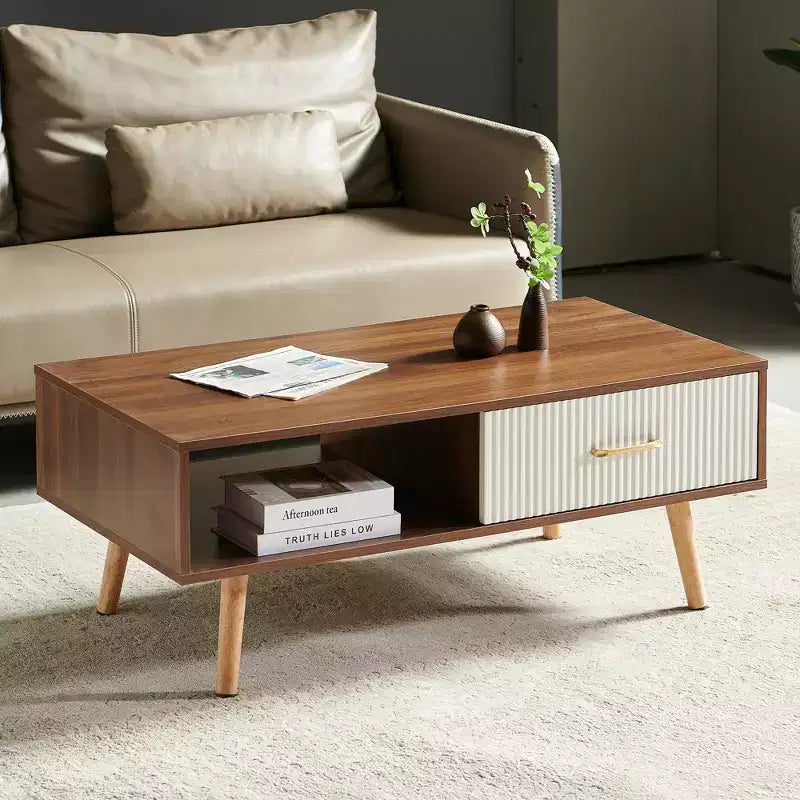 Rectangle Coffee Table with Solid Wood Legs & Sliding Drawer for Living Room
