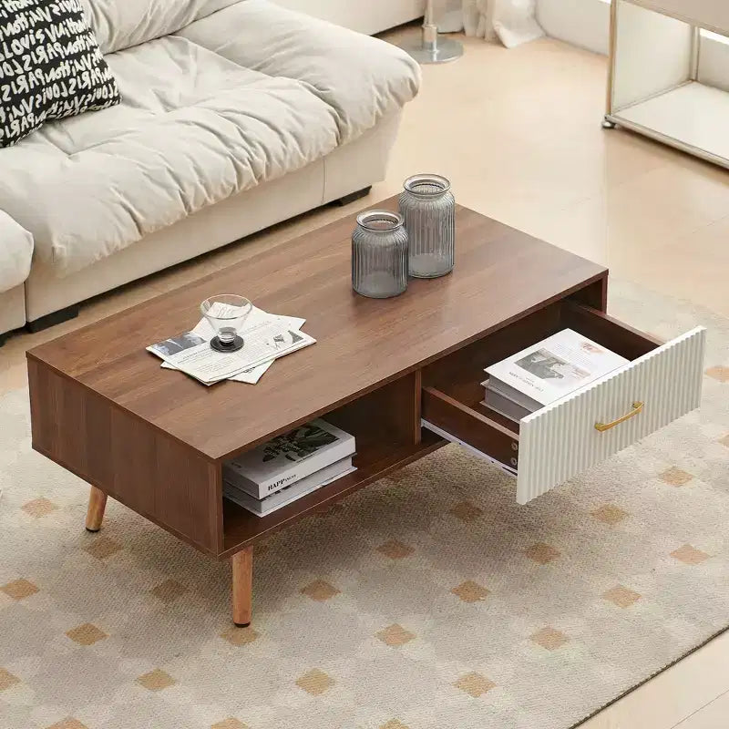 Rectangle Coffee Table with Solid Wood Legs & Sliding Drawer for Living Room
