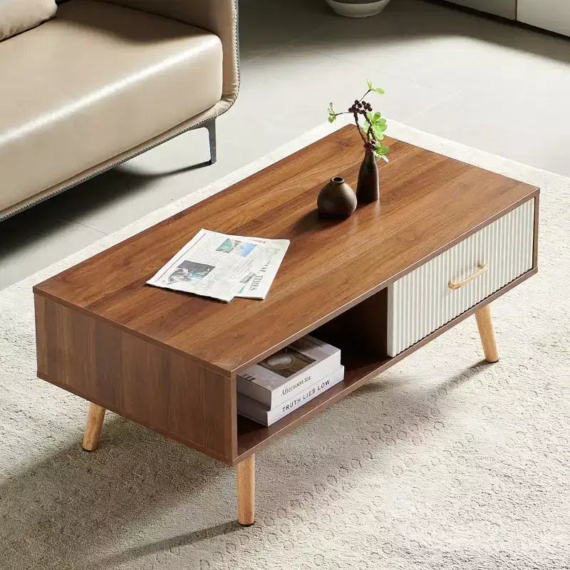Rectangle Coffee Table with Solid Wood Legs & Sliding Drawer for Living Room