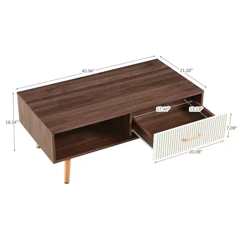 Rectangle Coffee Table with Solid Wood Legs & Sliding Drawer for Living Room