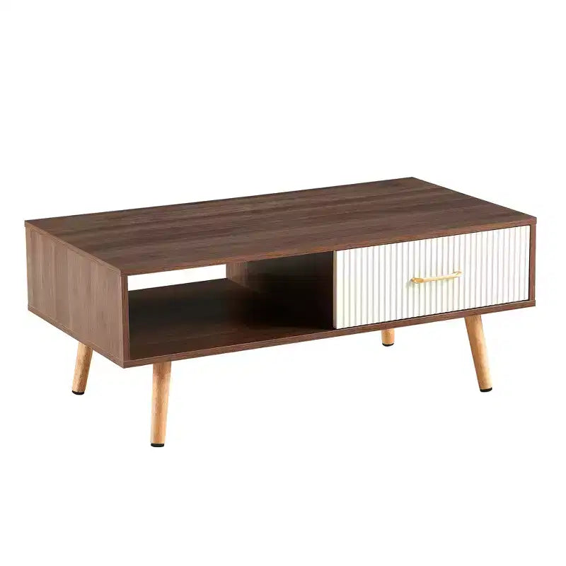 Rectangle Coffee Table with Solid Wood Legs & Sliding Drawer for Living Room