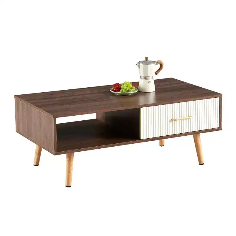 Rectangle Coffee Table with Solid Wood Legs & Sliding Drawer for Living Room