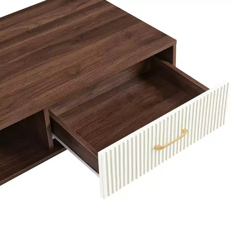 Rectangle Coffee Table with Solid Wood Legs & Sliding Drawer for Living Room