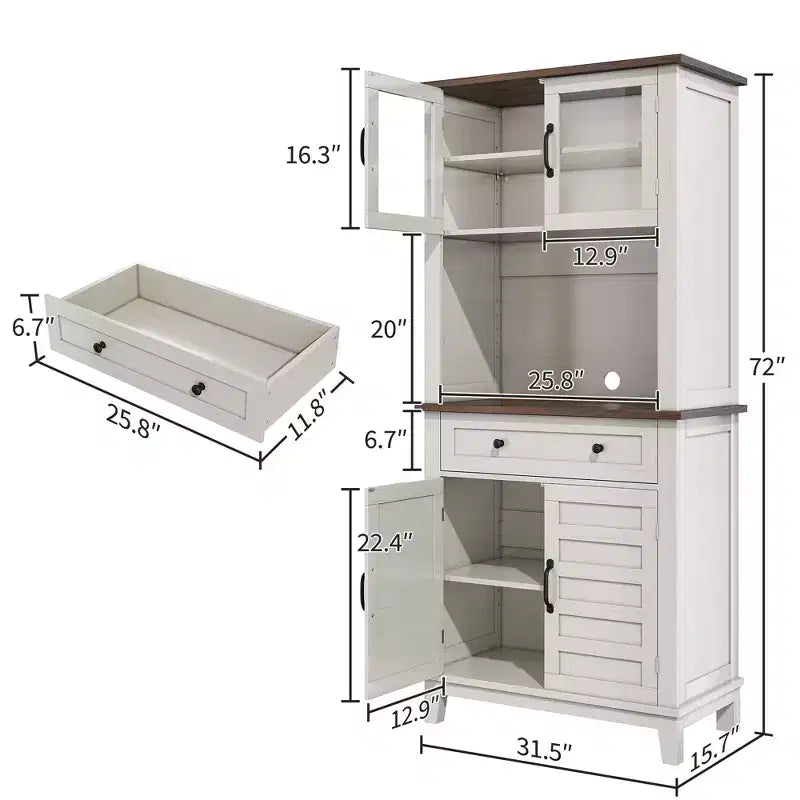 72 Farmhouse Coffee Bar Cabinet w/2 Glass Doors & Drawers - Kitchen Storage for Dining Room