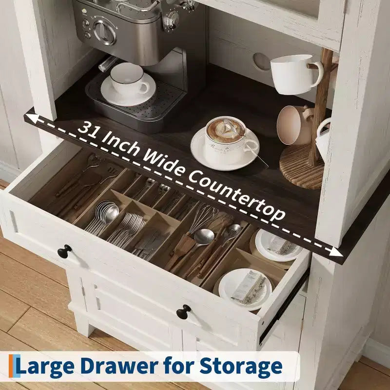 72 Farmhouse Coffee Bar Cabinet w/2 Glass Doors & Drawers - Kitchen Storage for Dining Room