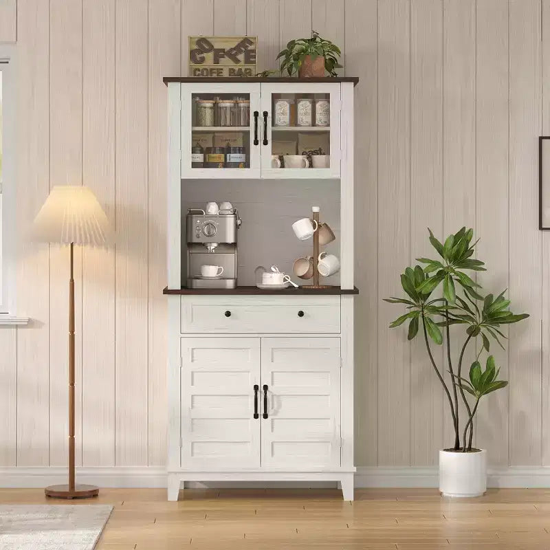 72 Farmhouse Coffee Bar Cabinet w/2 Glass Doors & Drawers - Kitchen Storage for Dining Room