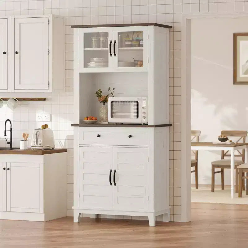 72 Farmhouse Coffee Bar Cabinet w/2 Glass Doors & Drawers - Kitchen Storage for Dining Room
