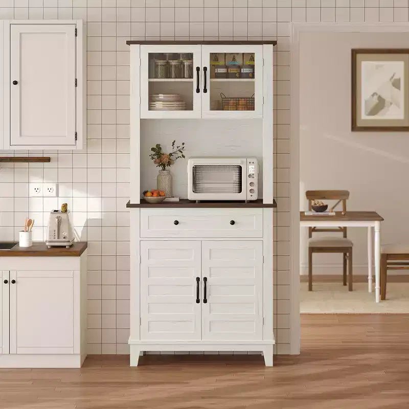 72 Farmhouse Coffee Bar Cabinet w/2 Glass Doors & Drawers - Kitchen Storage for Dining Room