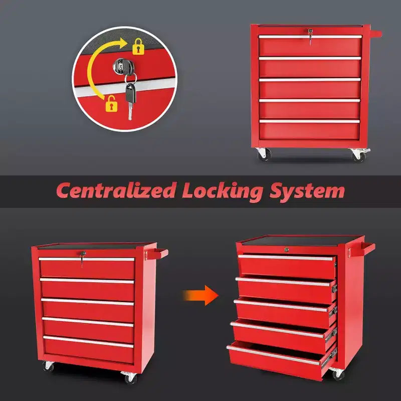 Coffre à outils roulant à 5 tiroirs avec roues, armoire de rangement d'outils verrouillable robuste pour garage, atelier et entrepôt