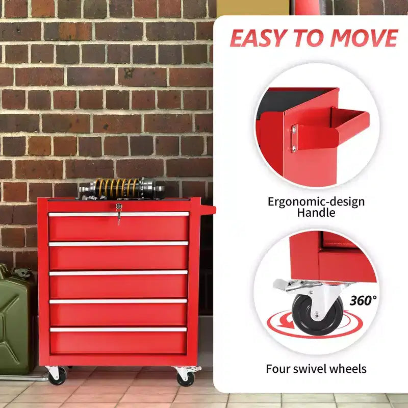 Coffre à outils roulant à 5 tiroirs avec roues, armoire de rangement d'outils verrouillable robuste pour garage, atelier et entrepôt