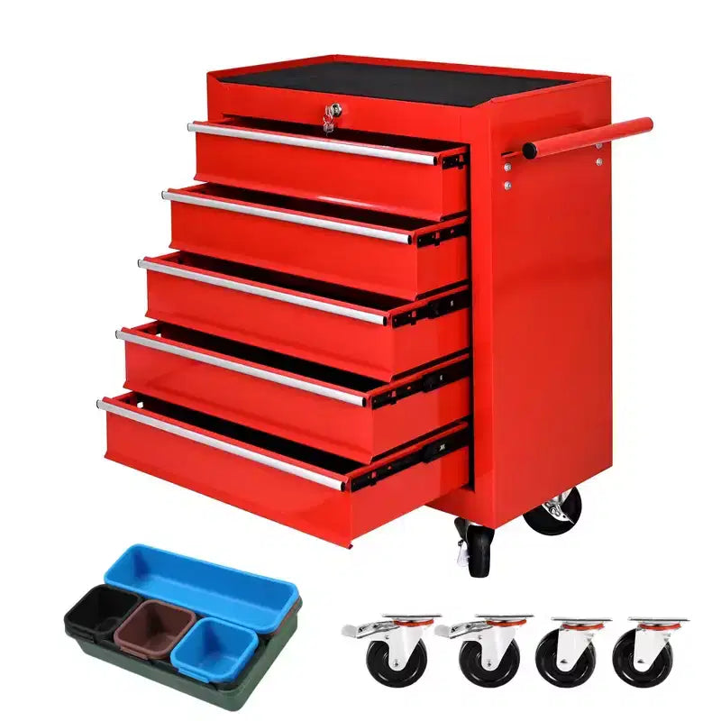 Coffre à outils roulant à 5 tiroirs avec roues, armoire de rangement d'outils verrouillable robuste pour garage, atelier et entrepôt