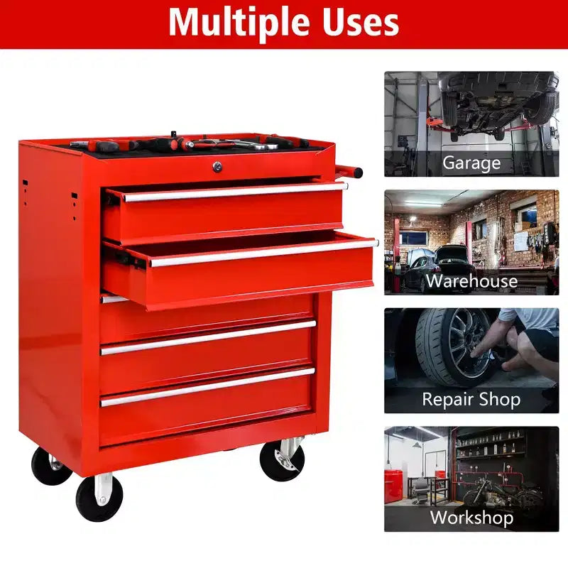 Coffre à outils roulant à 5 tiroirs avec roues, armoire de rangement d'outils verrouillable robuste pour garage, atelier et entrepôt