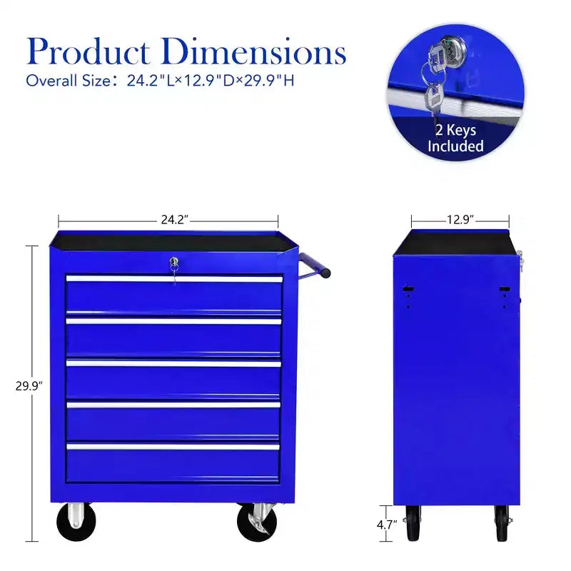 Coffre à outils roulant à 5 tiroirs avec roues, armoire de rangement d'outils verrouillable robuste pour garage, atelier et entrepôt