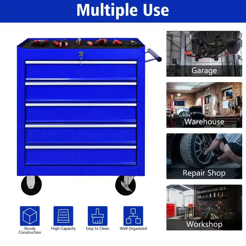 Coffre à outils roulant à 5 tiroirs avec roues, armoire de rangement d'outils verrouillable robuste pour garage, atelier et entrepôt