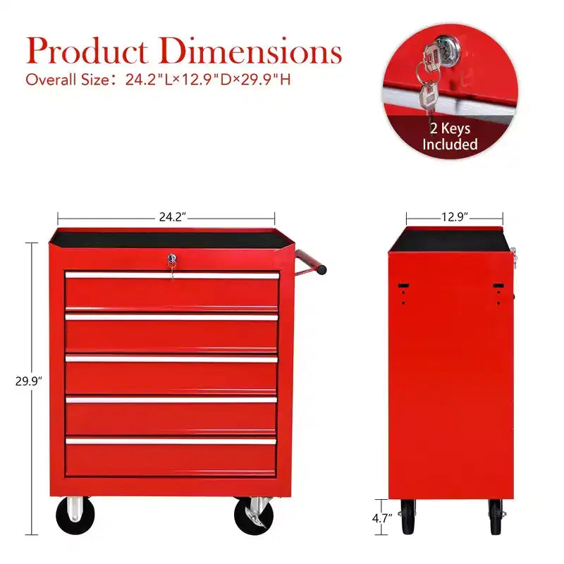 Coffre à outils roulant à 5 tiroirs avec roues, armoire de rangement d'outils verrouillable robuste pour garage, atelier et entrepôt