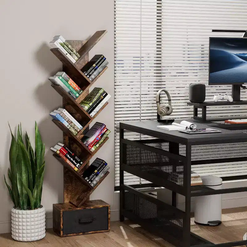 9-Tier Tree Bookshelf with Drawer, Modern Freestanding Book Storage, Rustic Brown for Living Room, Bedroom