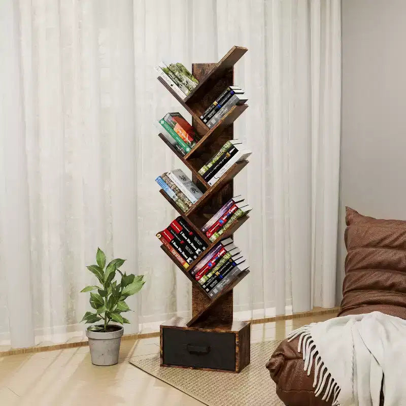 9-Tier Tree Bookshelf with Drawer, Modern Freestanding Book Storage, Rustic Brown for Living Room, Bedroom