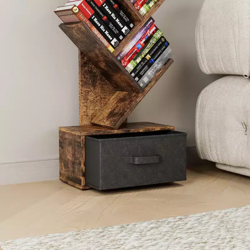 9-Tier Tree Bookshelf with Drawer, Modern Freestanding Book Storage, Rustic Brown for Living Room, Bedroom