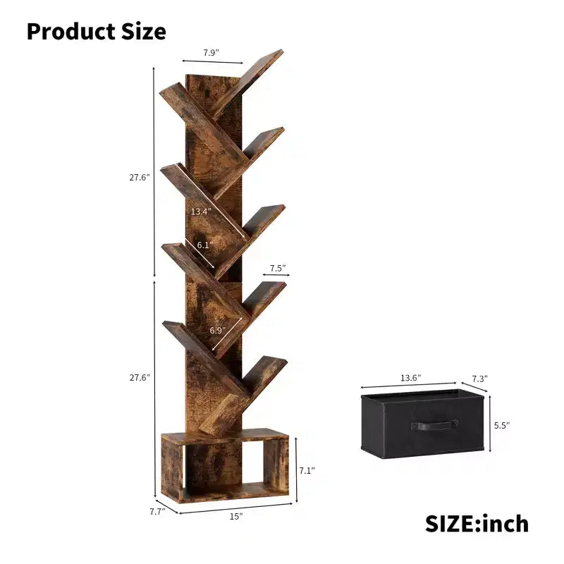 9-Tier Tree Bookshelf with Drawer, Modern Freestanding Book Storage, Rustic Brown for Living Room, Bedroom