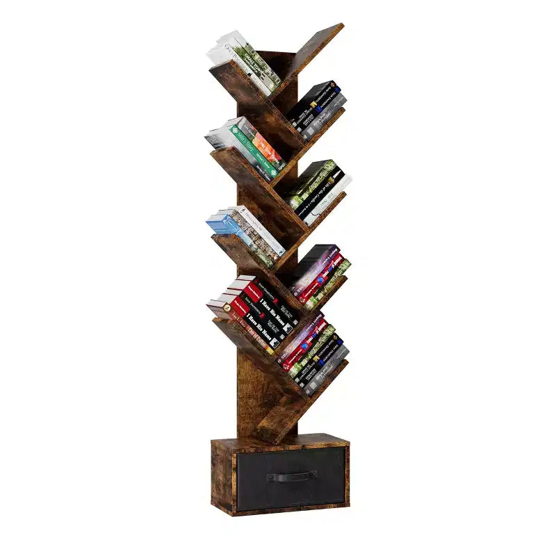 9-Tier Tree Bookshelf with Drawer, Modern Freestanding Book Storage, Rustic Brown for Living Room, Bedroom