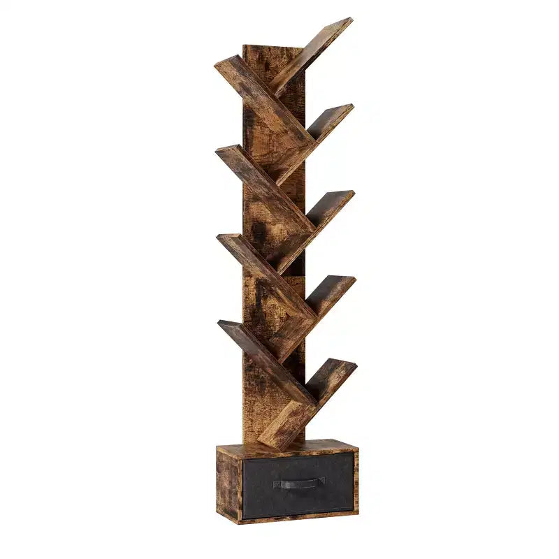 9-Tier Tree Bookshelf with Drawer, Modern Freestanding Book Storage, Rustic Brown for Living Room, Bedroom