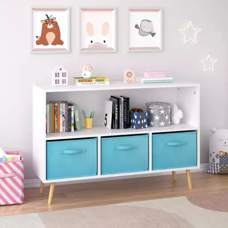 Kids Bookshelf with Collapsible Fabric Drawers, Toy Storage Cabinet Organizer, White and Pink