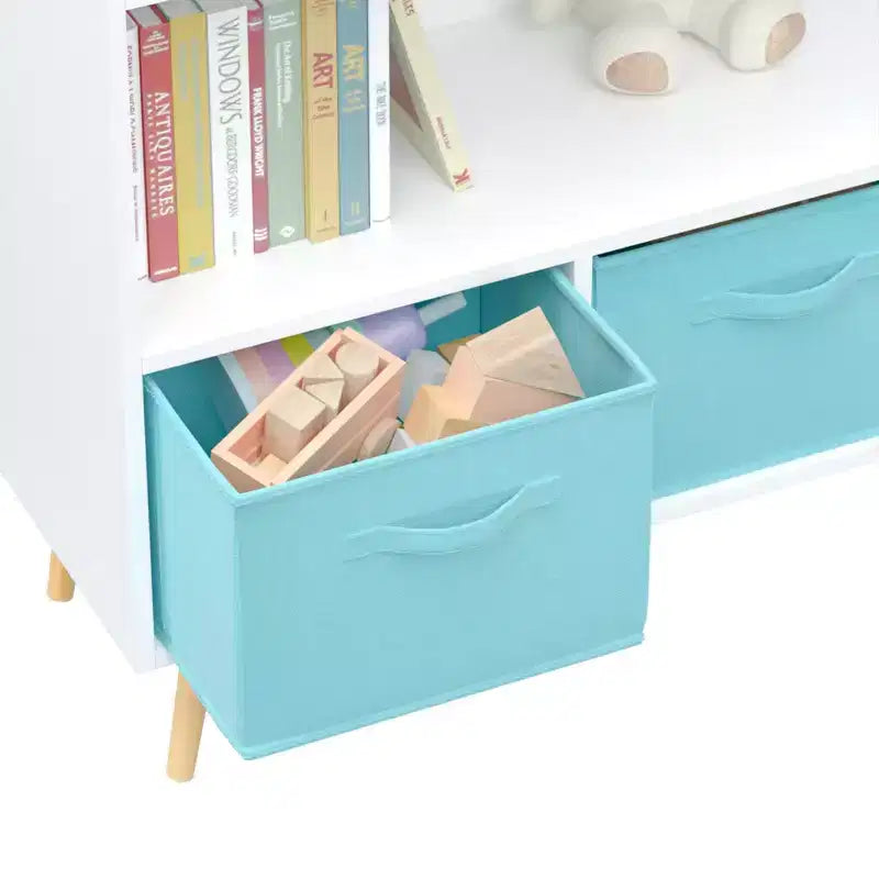 Kids Bookshelf with Collapsible Fabric Drawers, Toy Storage Cabinet Organizer, White and Pink