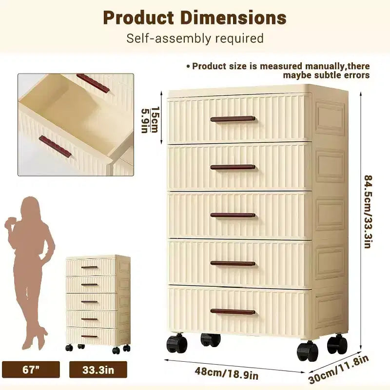 4-Level Plastic Drawer Cabinet with Wheels, Rollable Storage Organizer for Bedroom, Office, Home