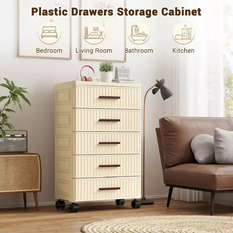 4-Level Plastic Drawer Cabinet with Wheels, Rollable Storage Organizer for Bedroom, Office, Home