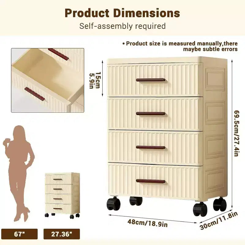 4-Level Plastic Drawer Cabinet with Wheels, Rollable Storage Organizer for Bedroom, Office, Home