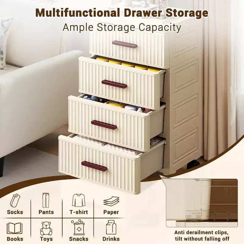 4-Level Plastic Drawer Cabinet with Wheels, Rollable Storage Organizer for Bedroom, Office, Home