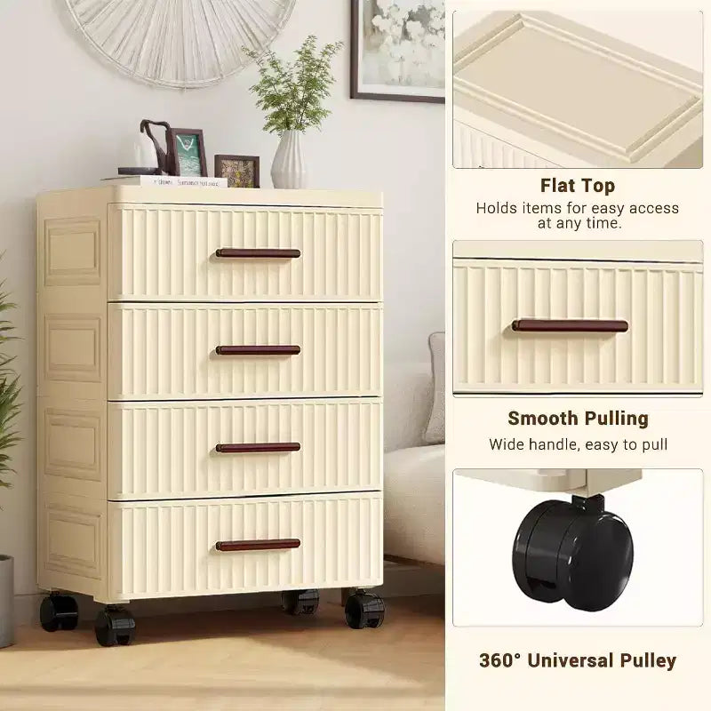 4-Level Plastic Drawer Cabinet with Wheels, Rollable Storage Organizer for Bedroom, Office, Home