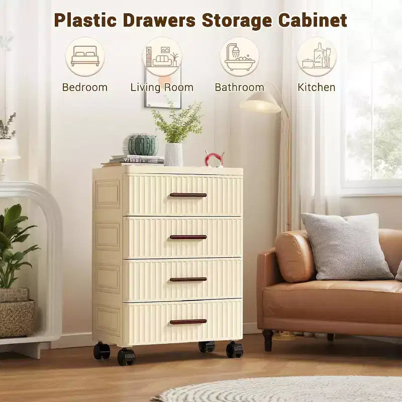 4-Level Plastic Drawer Cabinet with Wheels, Rollable Storage Organizer for Bedroom, Office, Home