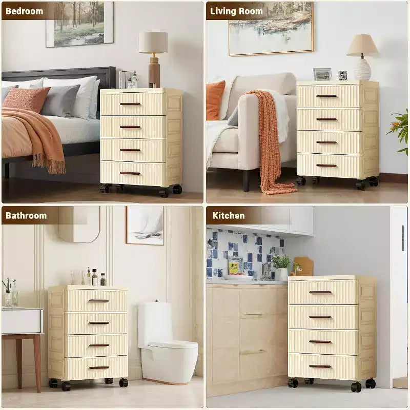 4-Level Plastic Drawer Cabinet with Wheels, Rollable Storage Organizer for Bedroom, Office, Home
