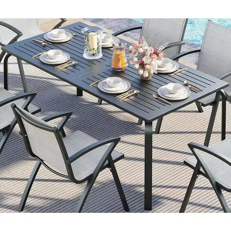 71 Aluminum Patio Dining Table, Outdoor Aluminum Patio Table, Slatted Top & Umbrella Hole, All-Weather Black for Backyard, Garden, Lawn