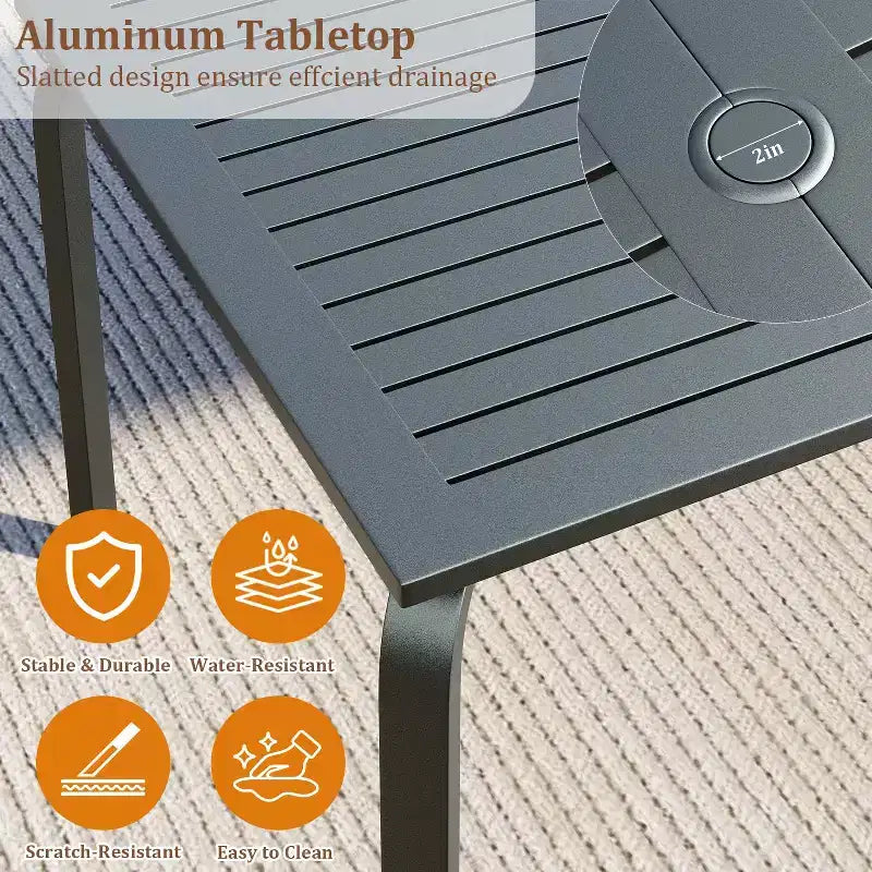 71 Aluminum Patio Dining Table, Outdoor Aluminum Patio Table, Slatted Top & Umbrella Hole, All-Weather Black for Backyard, Garden, Lawn