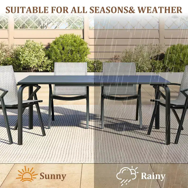 71 Aluminum Patio Dining Table, Outdoor Aluminum Patio Table, Slatted Top & Umbrella Hole, All-Weather Black for Backyard, Garden, Lawn