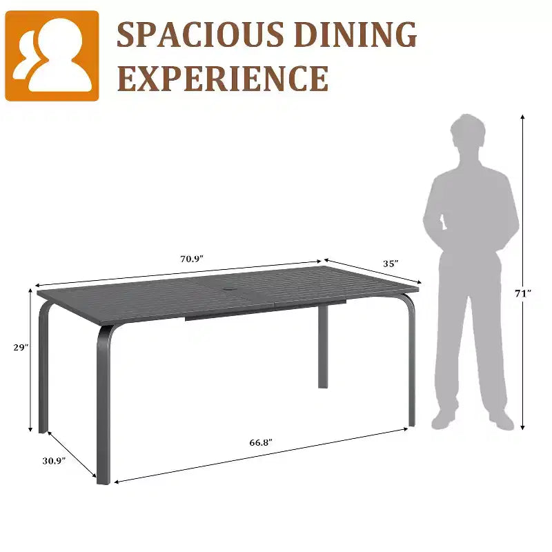 71 Aluminum Patio Dining Table, Outdoor Aluminum Patio Table, Slatted Top & Umbrella Hole, All-Weather Black for Backyard, Garden, Lawn