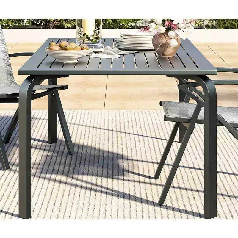 71 Aluminum Patio Dining Table, Outdoor Aluminum Patio Table, Slatted Top & Umbrella Hole, All-Weather Black for Backyard, Garden, Lawn