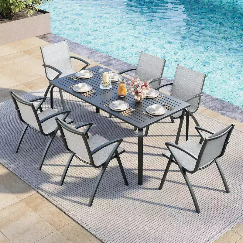 71 Aluminum Patio Dining Table, Outdoor Aluminum Patio Table, Slatted Top & Umbrella Hole, All-Weather Black for Backyard, Garden, Lawn