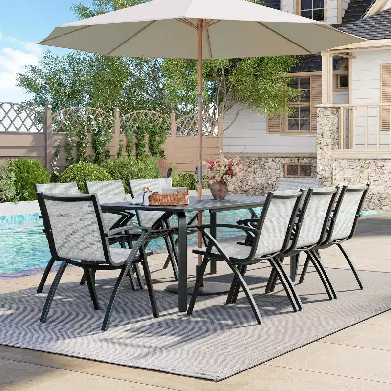 71 Aluminum Patio Dining Table, Outdoor Aluminum Patio Table, Slatted Top & Umbrella Hole, All-Weather Black for Backyard, Garden, Lawn