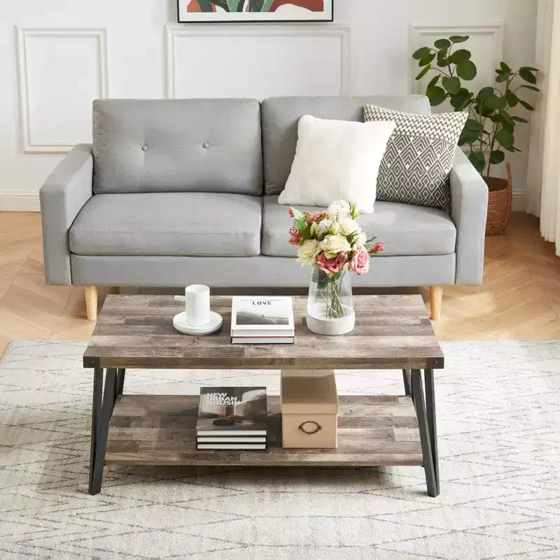 Modern Storage Coffee Table with Powder-Coated Metal Frame & Lower Shelf